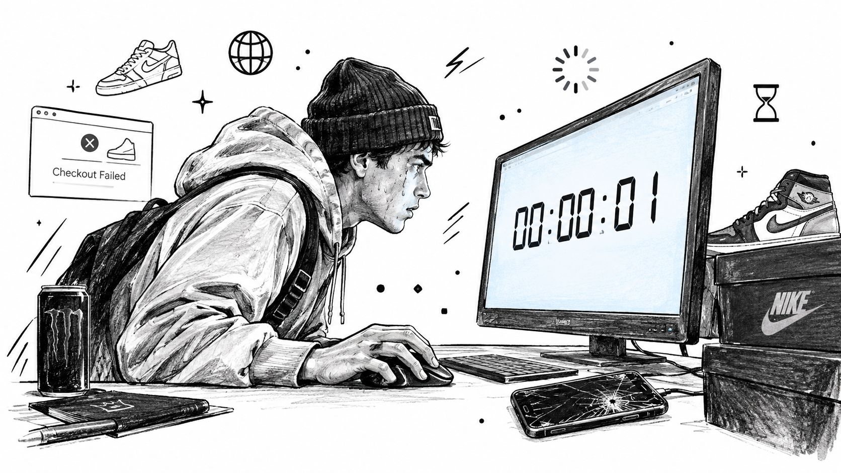 A person intently waiting for a limited edition sneaker drop at a computer as a timer counts down.