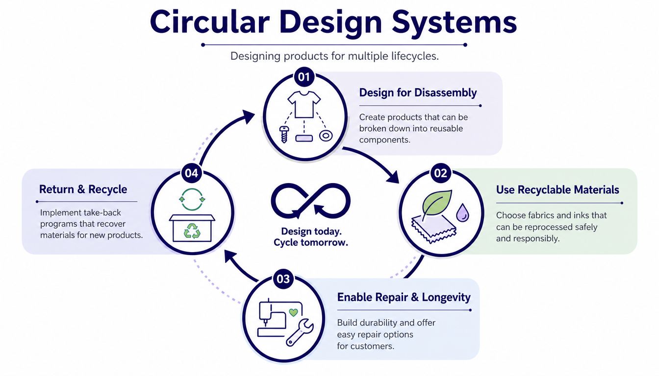 A circular diagram illustrating four key steps for sustainable design systems to enable product reuse and recycling.