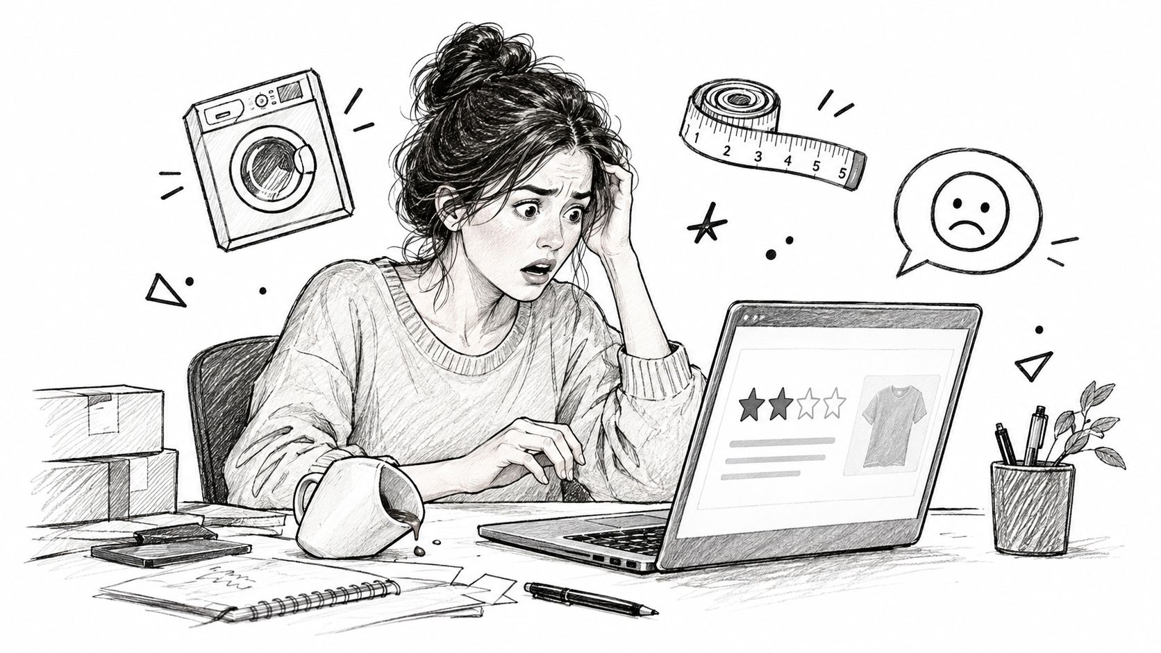 A distressed woman looking at negative customer feedback about a clothing item on her laptop screen.