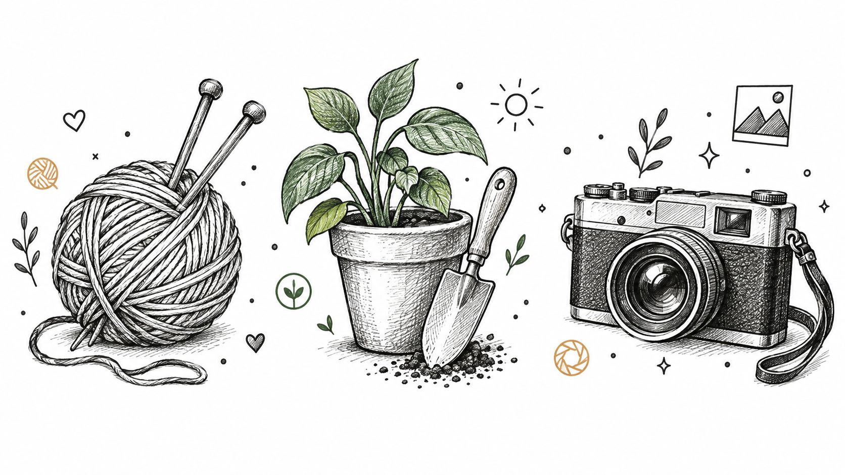 Detailed sketch illustration featuring a ball of yarn, a potted plant, and a vintage style camera.