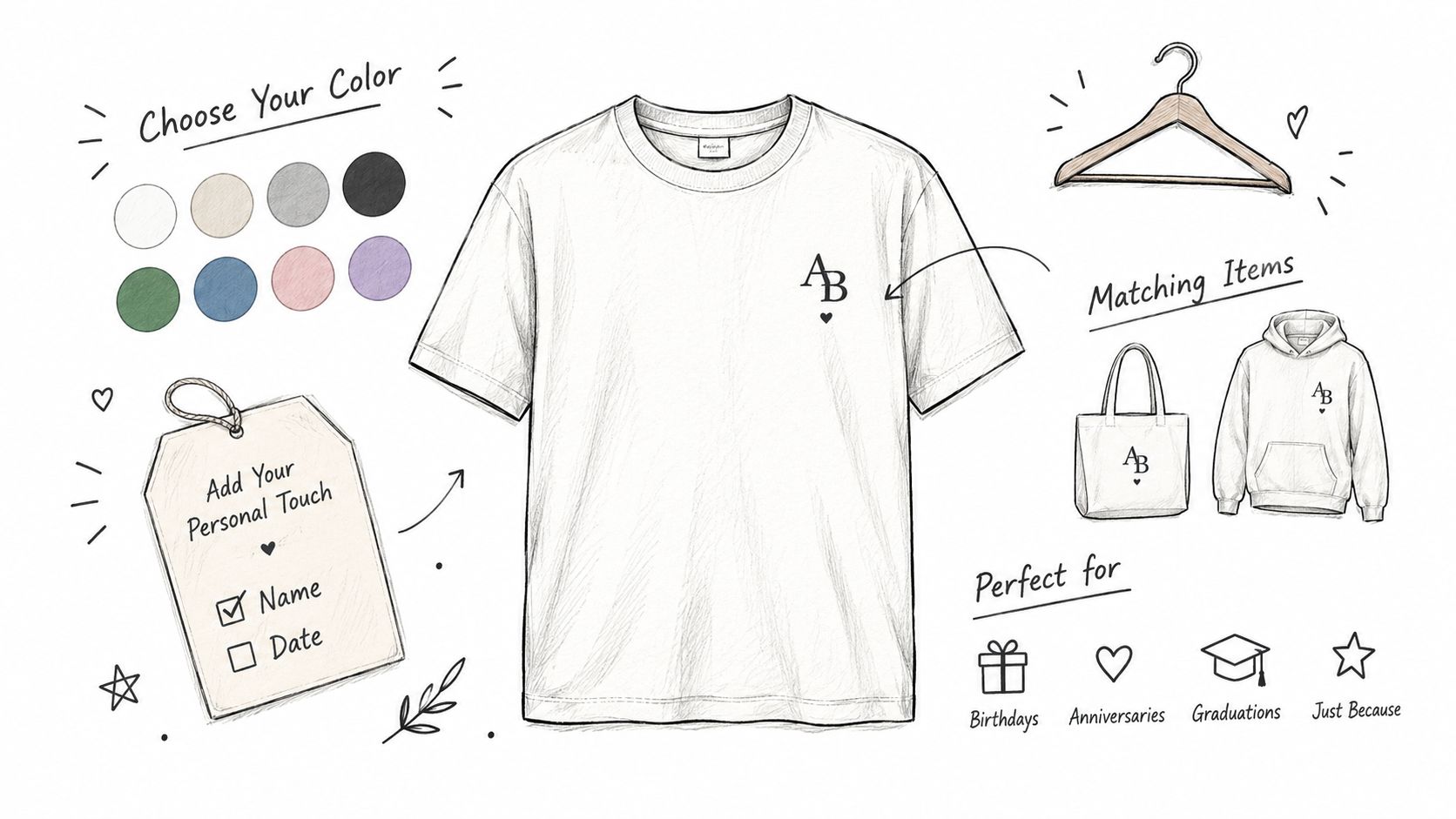 A digital sketch showcasing a customizable t-shirt design with color options, matching items, and gifting occasions.