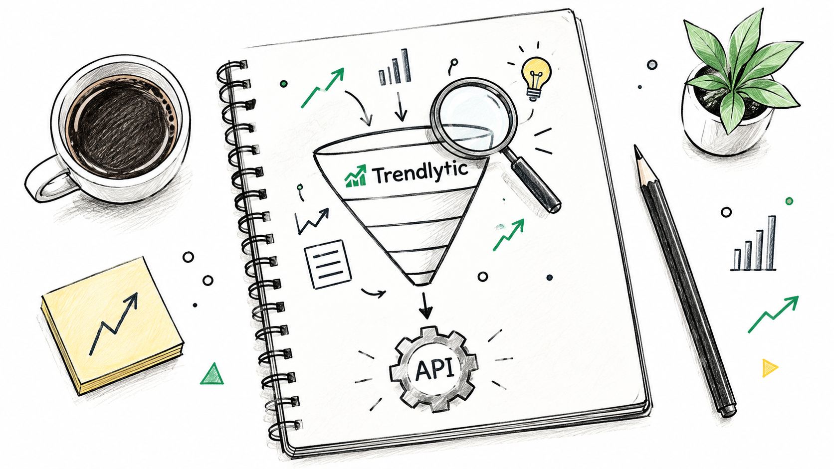 A hand-drawn sketch of a business funnel and API icon on a notebook with coffee and plant