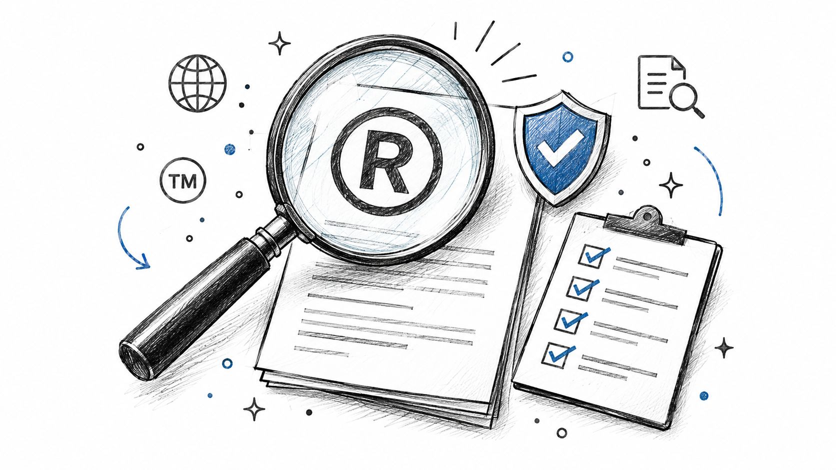 A hand-drawn illustration showing a magnifying glass over a trademark symbol next to a checklist and shield.