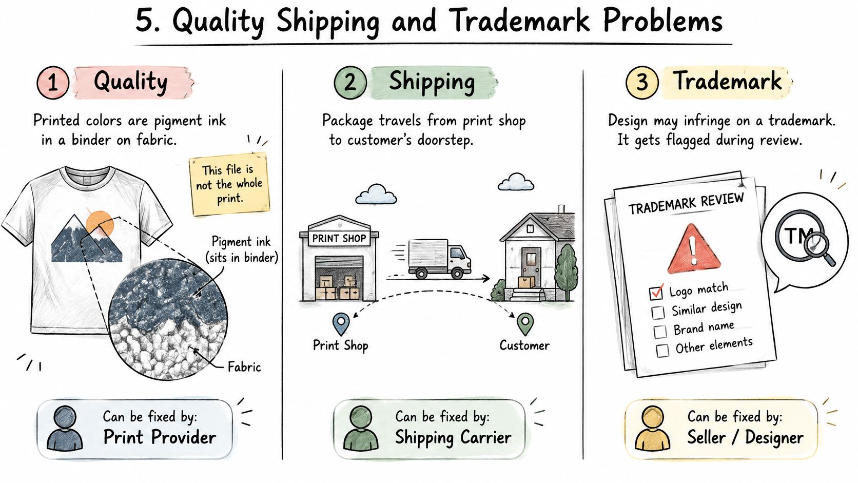 An infographic detailing common print on demand issues: quality, shipping, and trademark problems for online businesses.