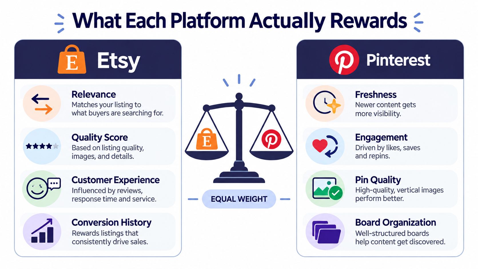 A comparison infographic showing factors that influence search rankings on Etsy and Pinterest platforms.