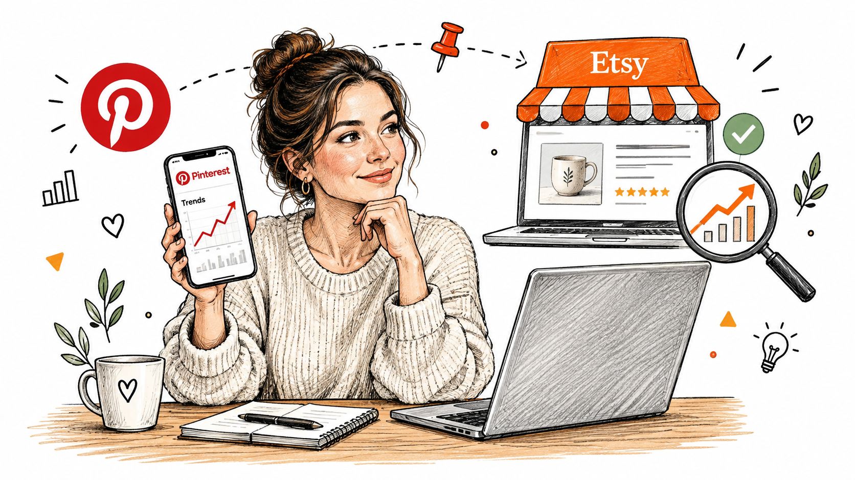 A woman using Pinterest trends to manage her Etsy shop sales on her laptop and phone.