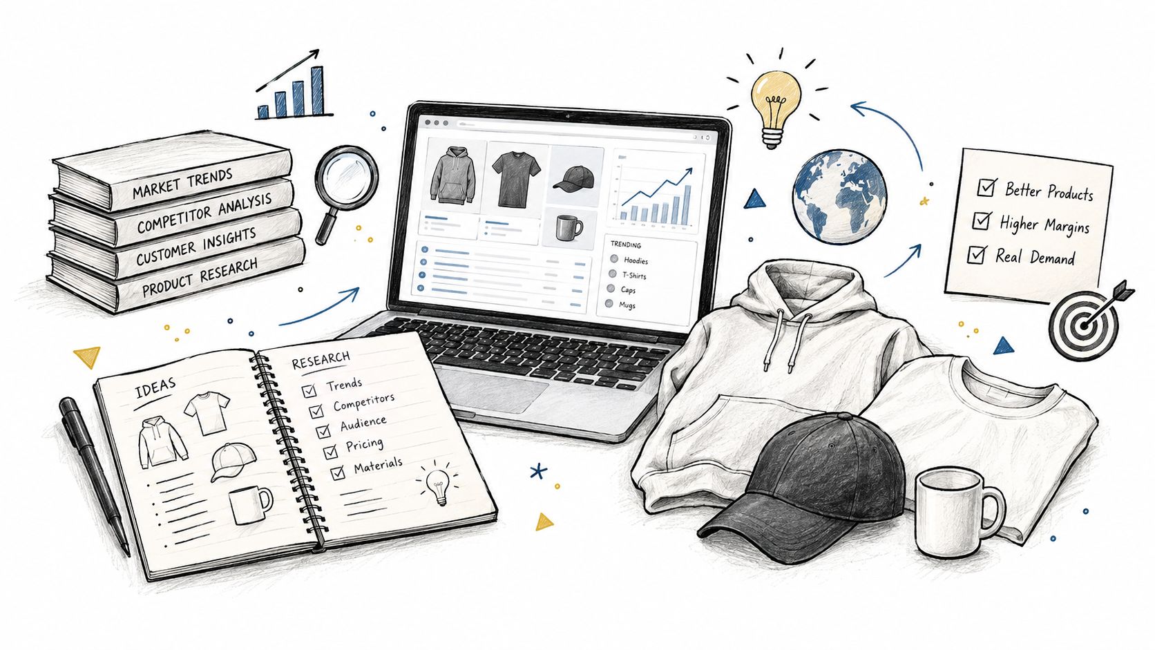 A hand-drawn illustration showing a business process for researching and selling custom apparel like hoodies and shirts.