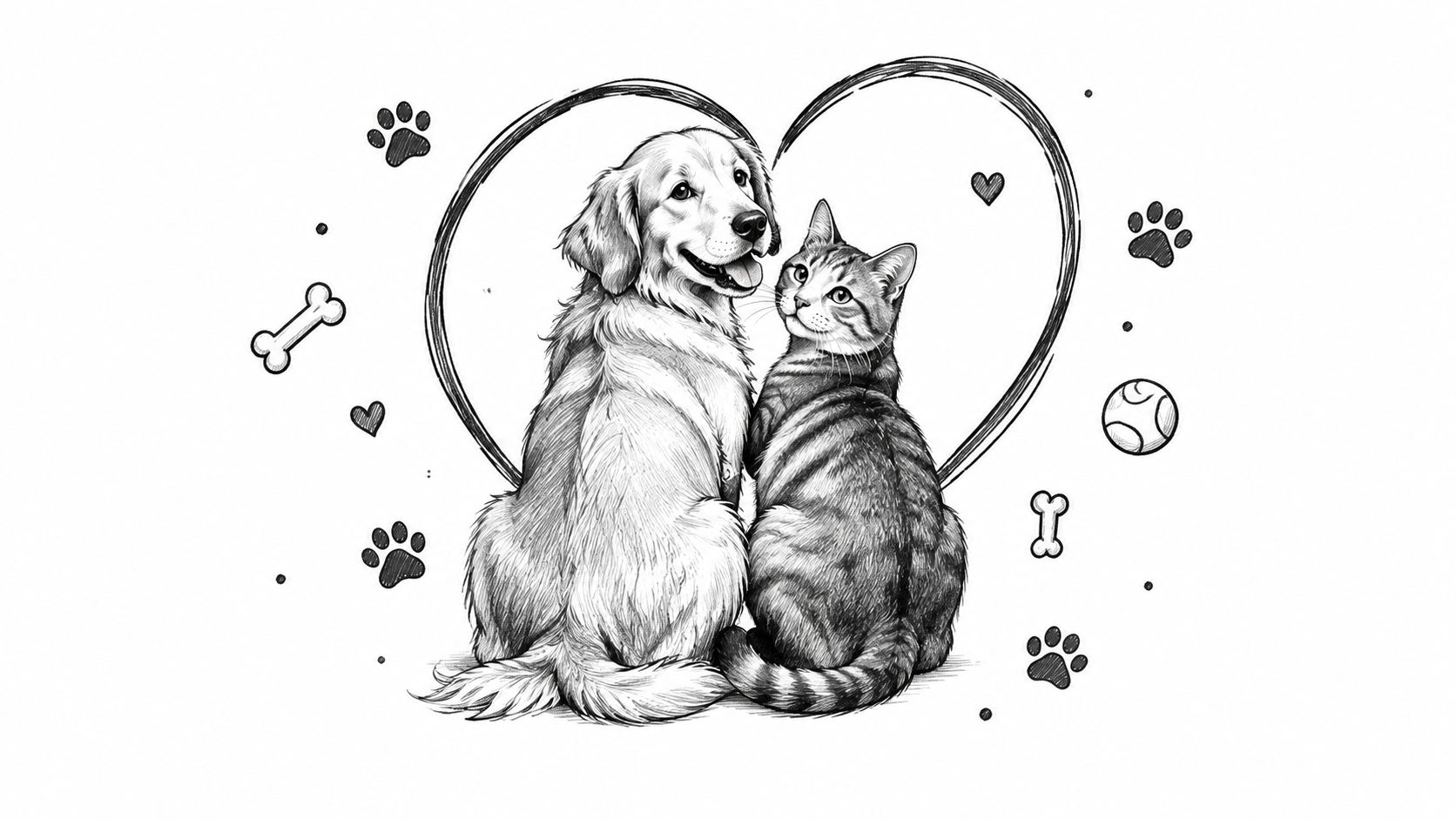 A black and white line drawing of a dog and a cat sitting together inside a heart.