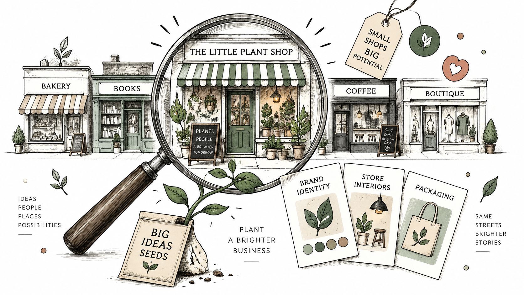 A hand-drawn illustration featuring a magnifying glass focused on a small plant shop among other neighborhood businesses.