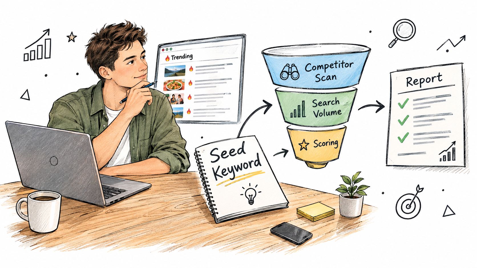 A creative illustration of a man working on an SEO research process involving keywords and reporting.