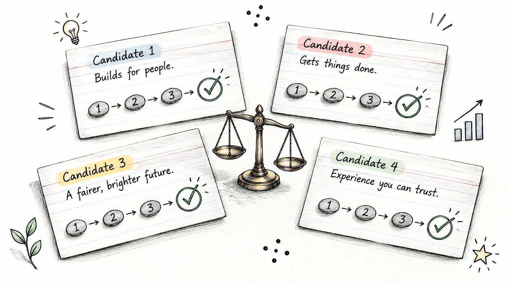 Four index cards featuring political candidates with progress indicators and a central scale of justice symbol.
