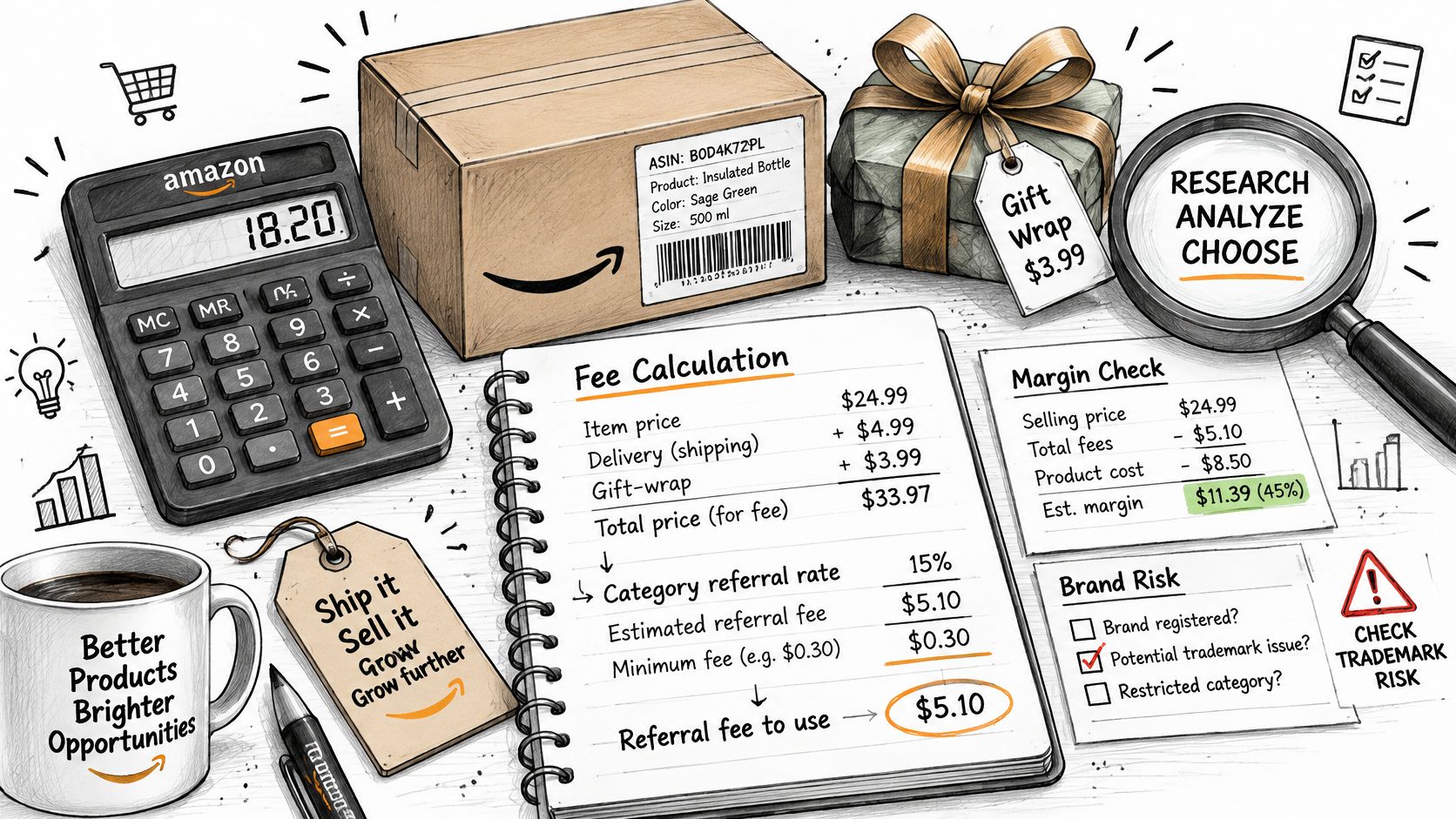 Amazon seller planning table with fee calculations, margin analysis, product packaging, and business research tools.