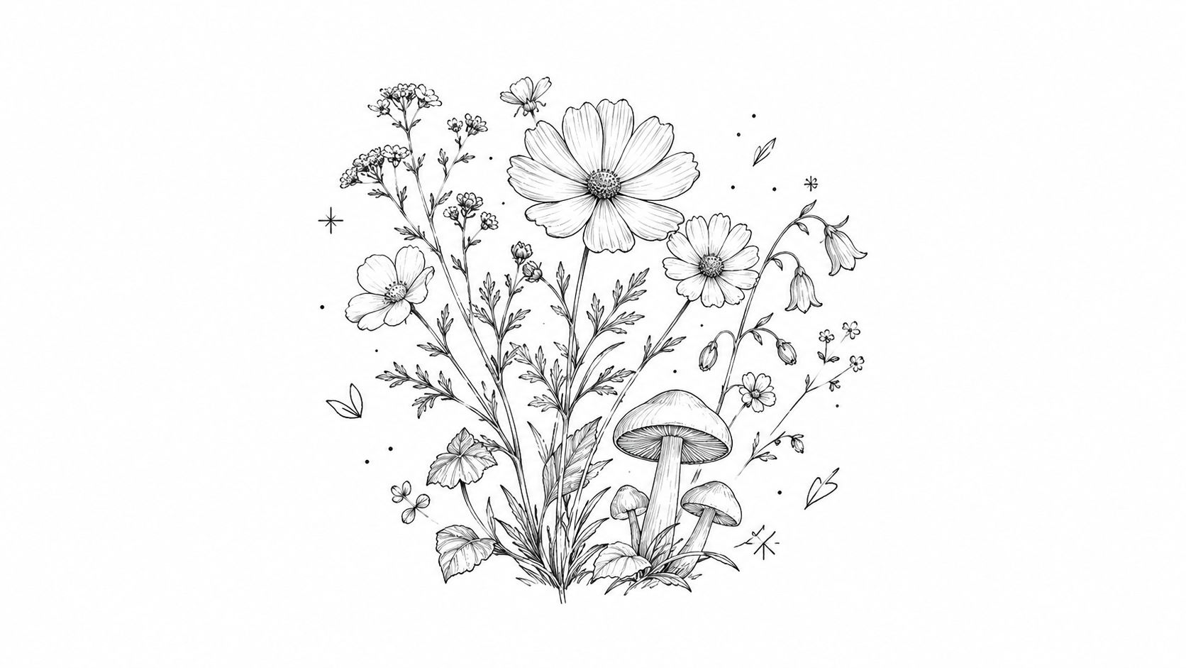 A delicate black and white line art illustration featuring wild flowers and three small mushrooms.