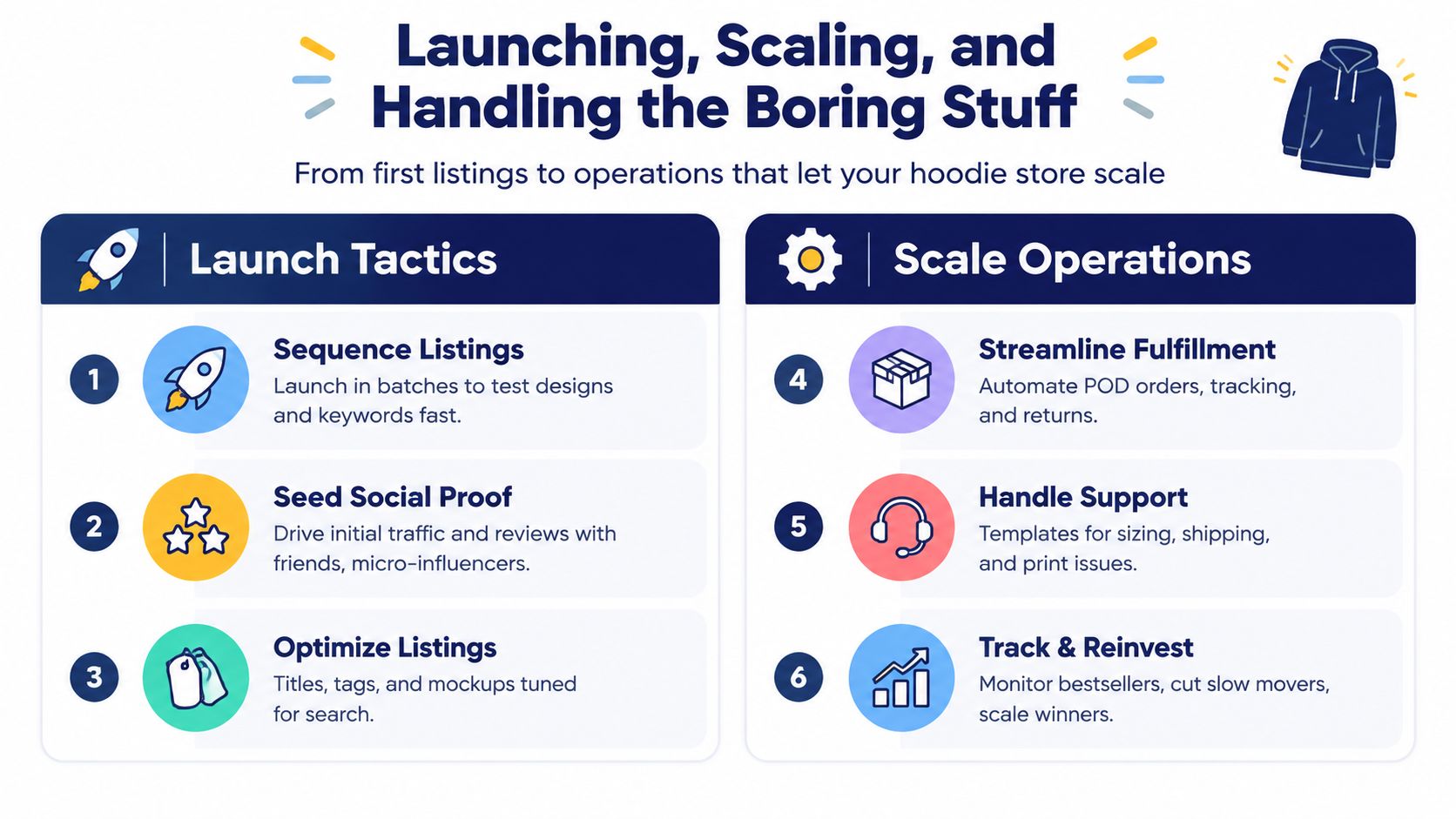A business guide infographic detailing six key steps to launch and scale a print on demand hoodie store.
