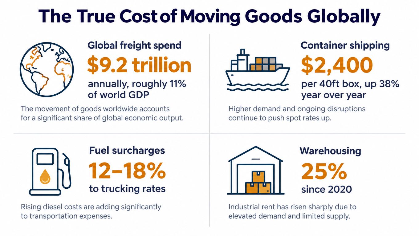 An infographic titled The True Cost of Moving Goods Globally, showing freight spending, shipping, fuel, and warehousing costs.