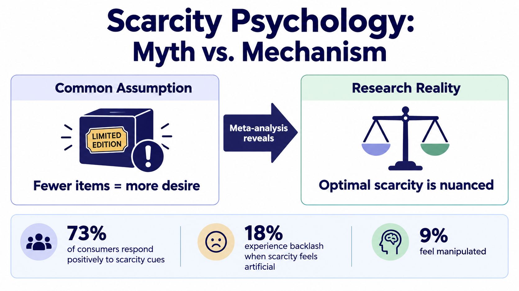 An infographic contrasting the myth that fewer items always mean more desire with the nuanced reality of scarcity psychology.