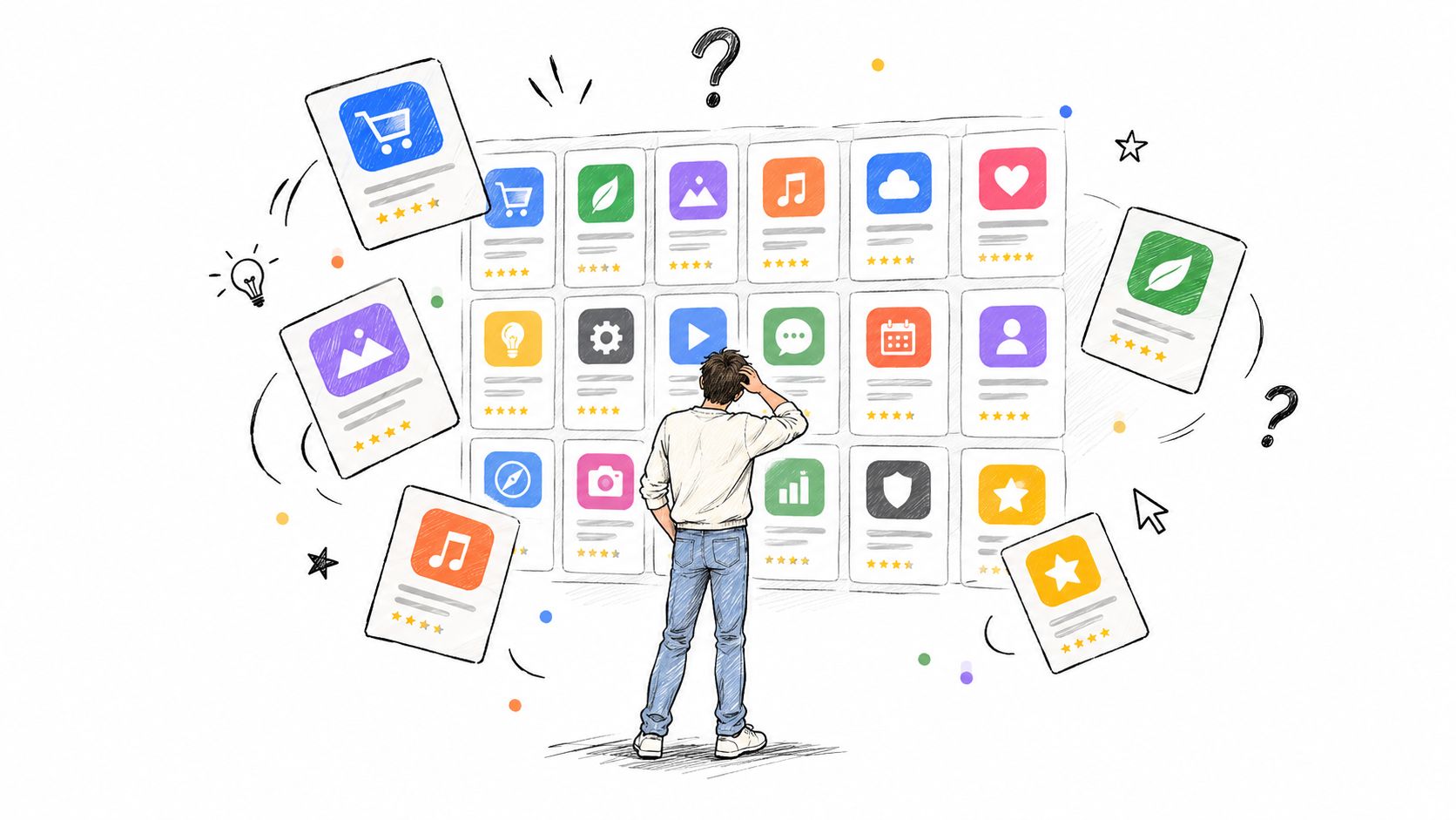 A person standing before a digital wall of various app icons deciding which ones to install.
