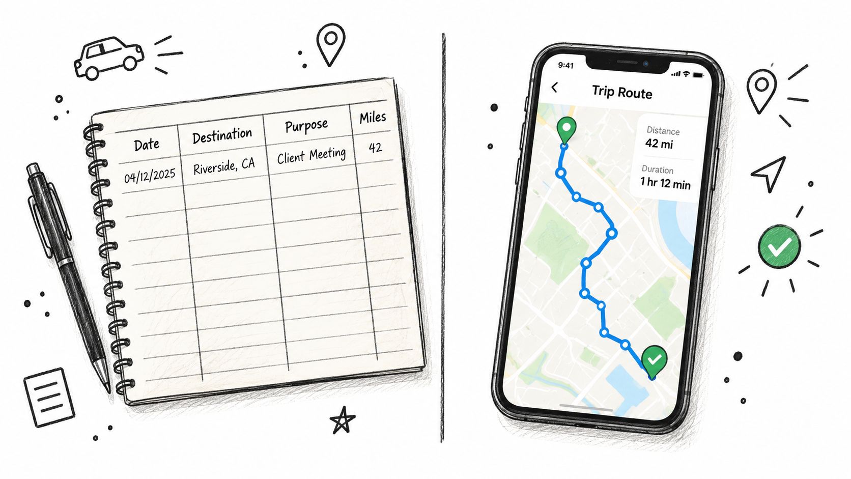 A split image showing a hand-written mileage logbook next to a smartphone displaying a digital trip route.
