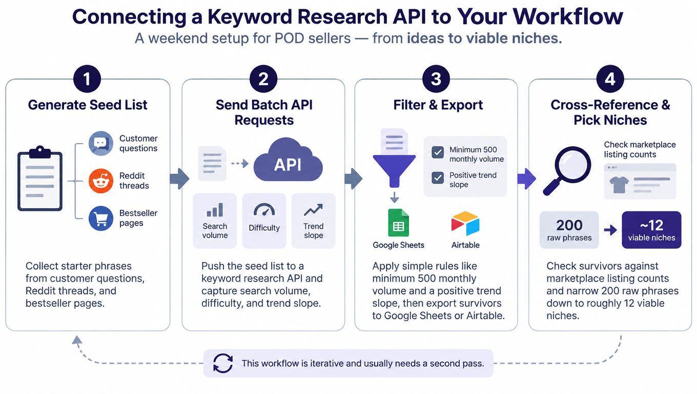 A four-step infographic illustrating a workflow for using a keyword research API for POD sellers.