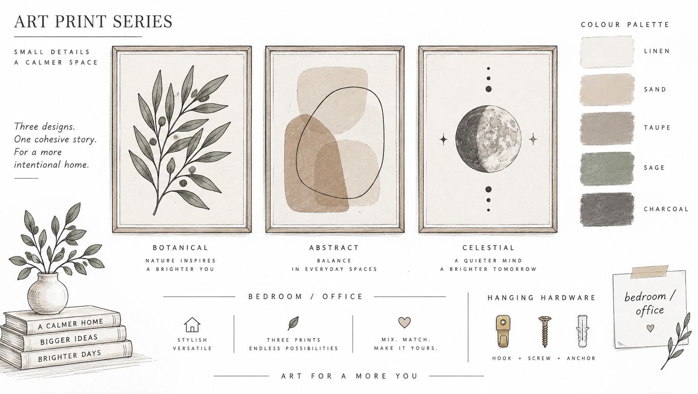 An art print series featuring botanical, abstract, and celestial designs with a neutral cohesive color palette.