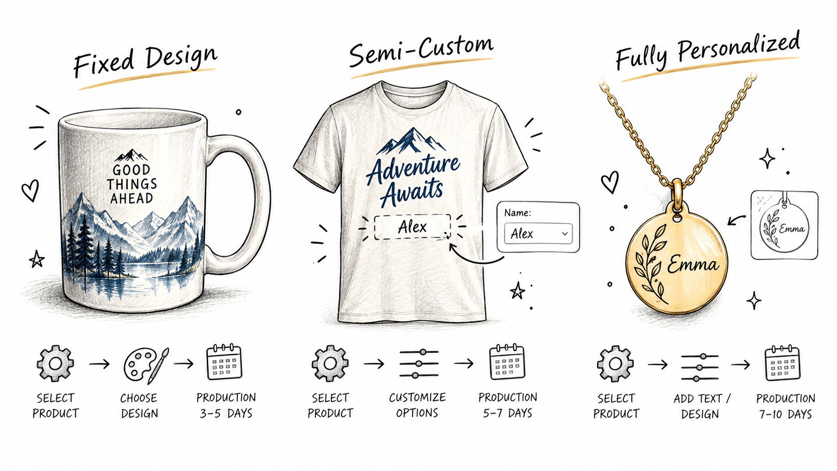 A diagram illustrating three levels of product customization: fixed design, semi-customized, and fully personalized goods.