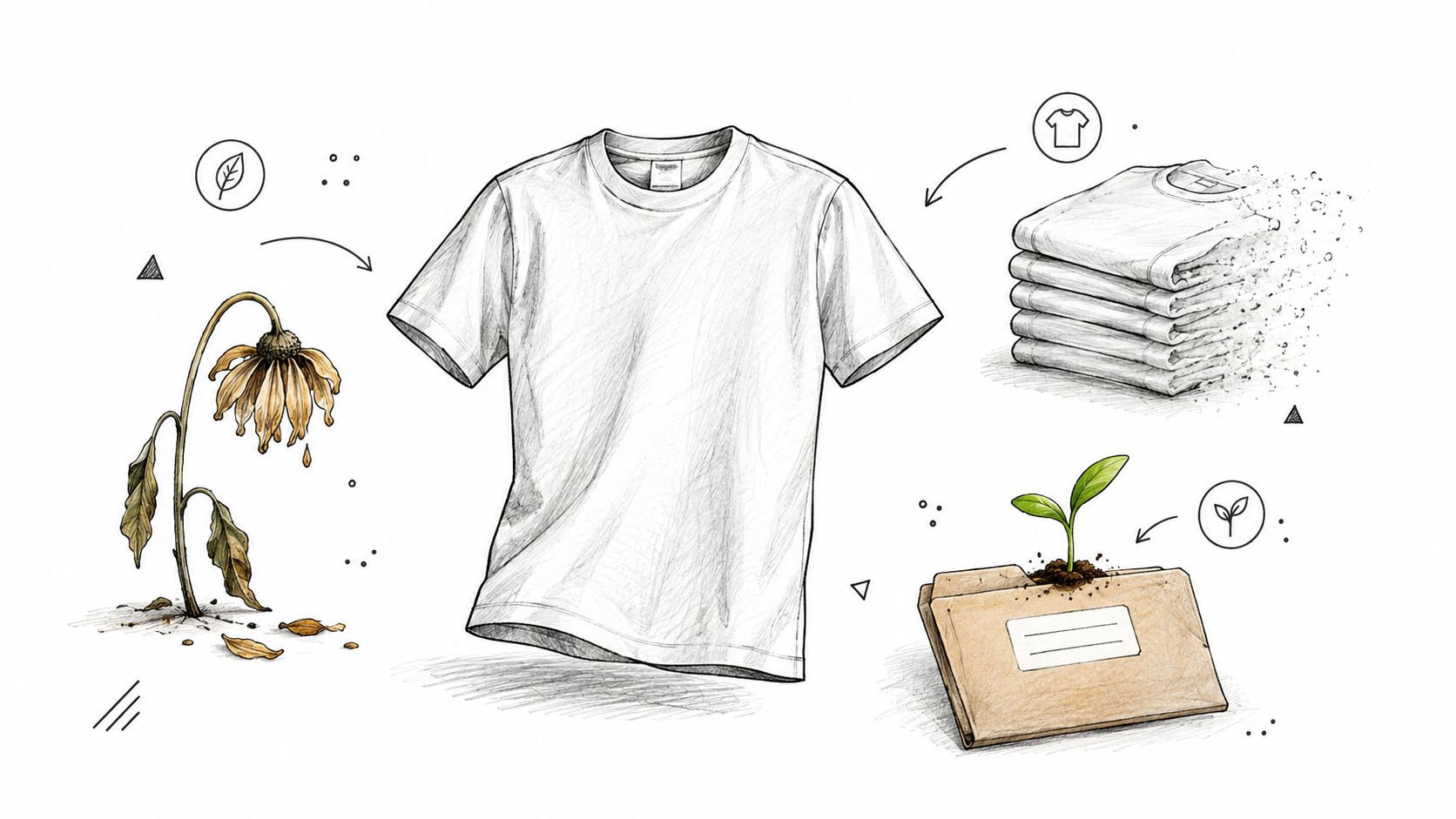 A conceptual illustration showing a white t-shirt surrounded by icons of a dying flower, folded clothes, and a folder with a sprout.