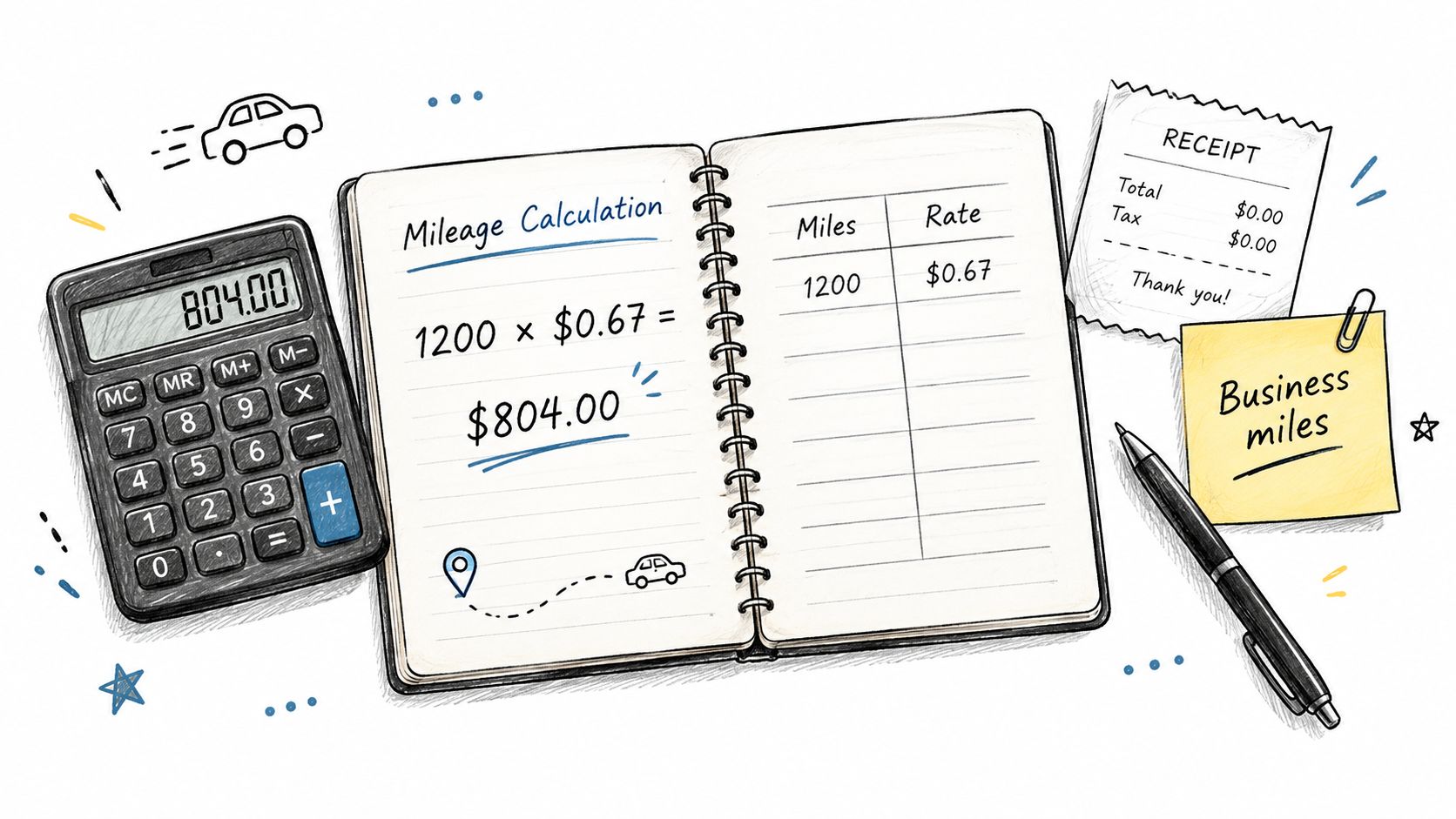 A notepad showing a mileage calculation of 1200 miles multiplied by $0.67 resulting in $804.00 for business expenses.