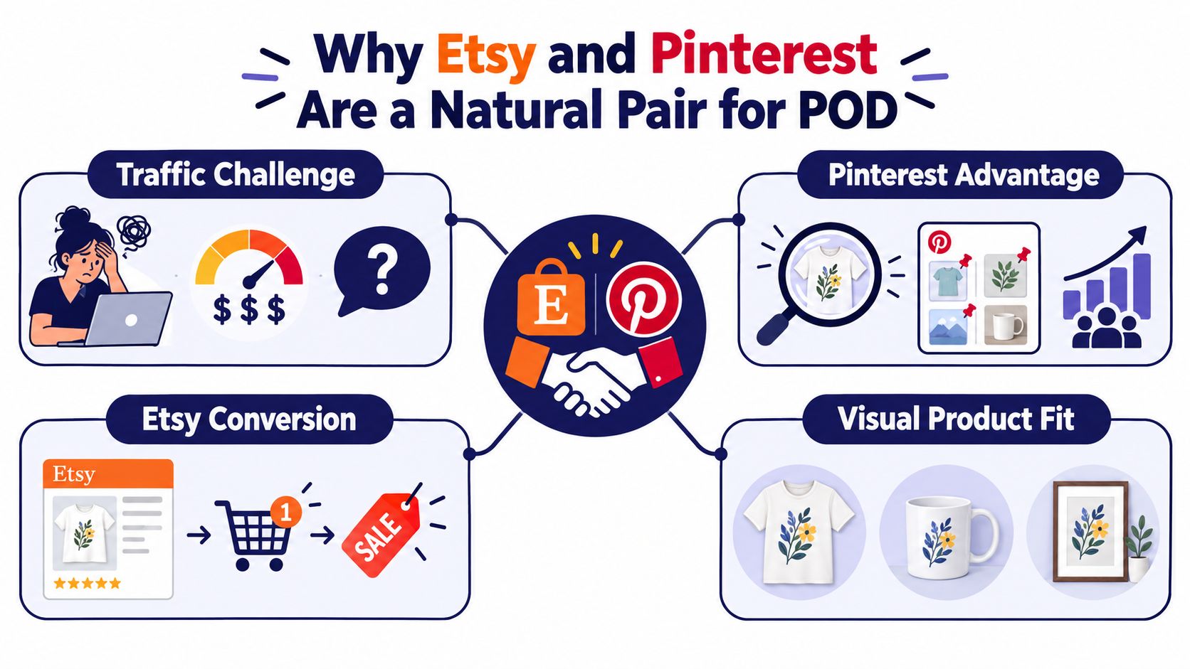 A diagram explaining why Etsy and Pinterest are a natural partnership for print on demand businesses.
