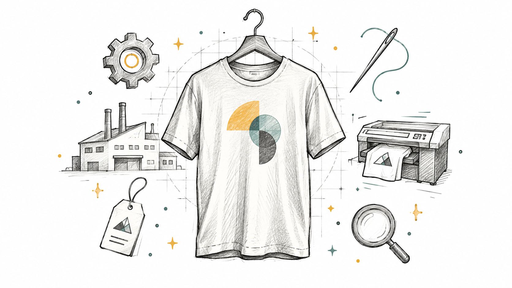 A sketched illustration showing a T-shirt on a hanger surrounded by icons of manufacturing, printing, and design.