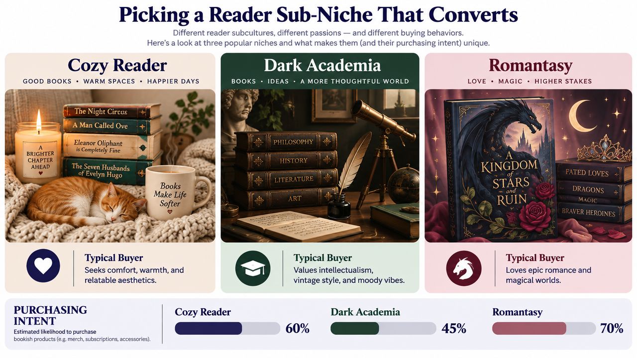 An infographic comparing reader sub-niches including Cozy Reader, Dark Academia, and Romantasy with purchasing intent statistics.