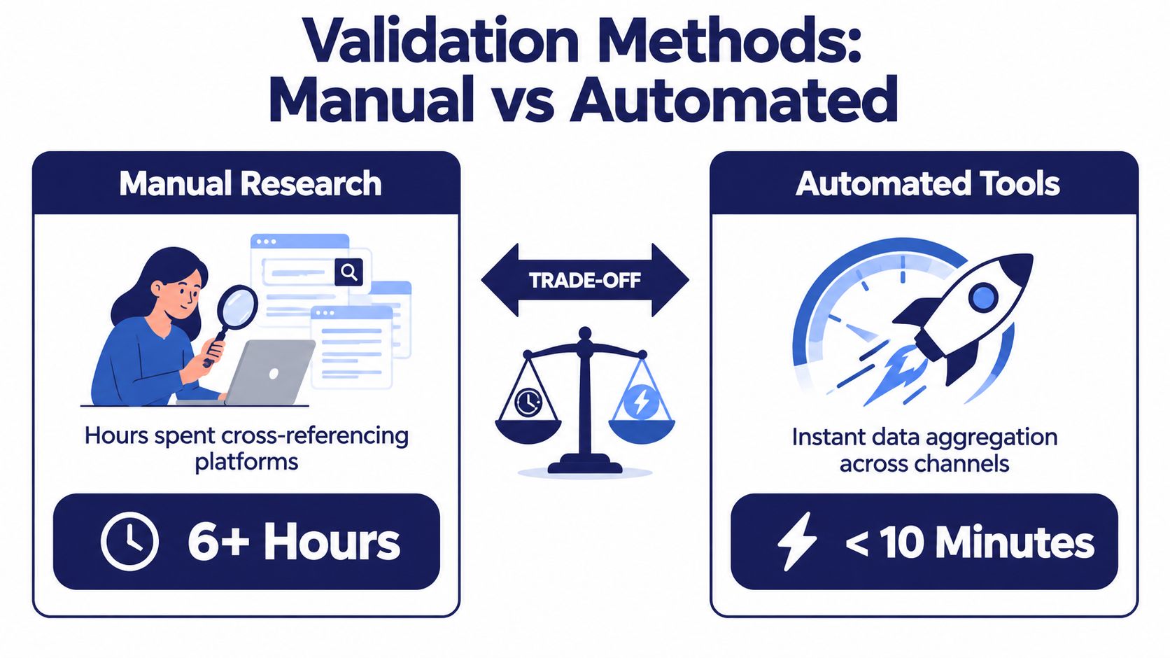 A comparison chart showing the time difference between manual research and automated tools for data validation.