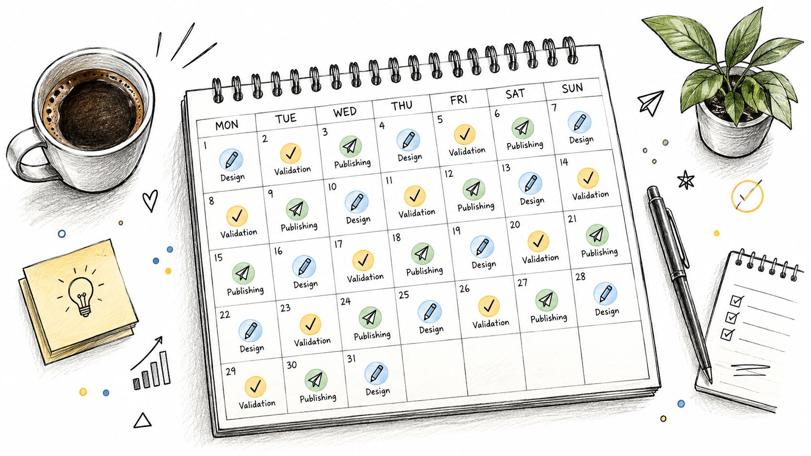 A monthly calendar planner on a desk surrounded by coffee, a plant, a notepad, and a pen.