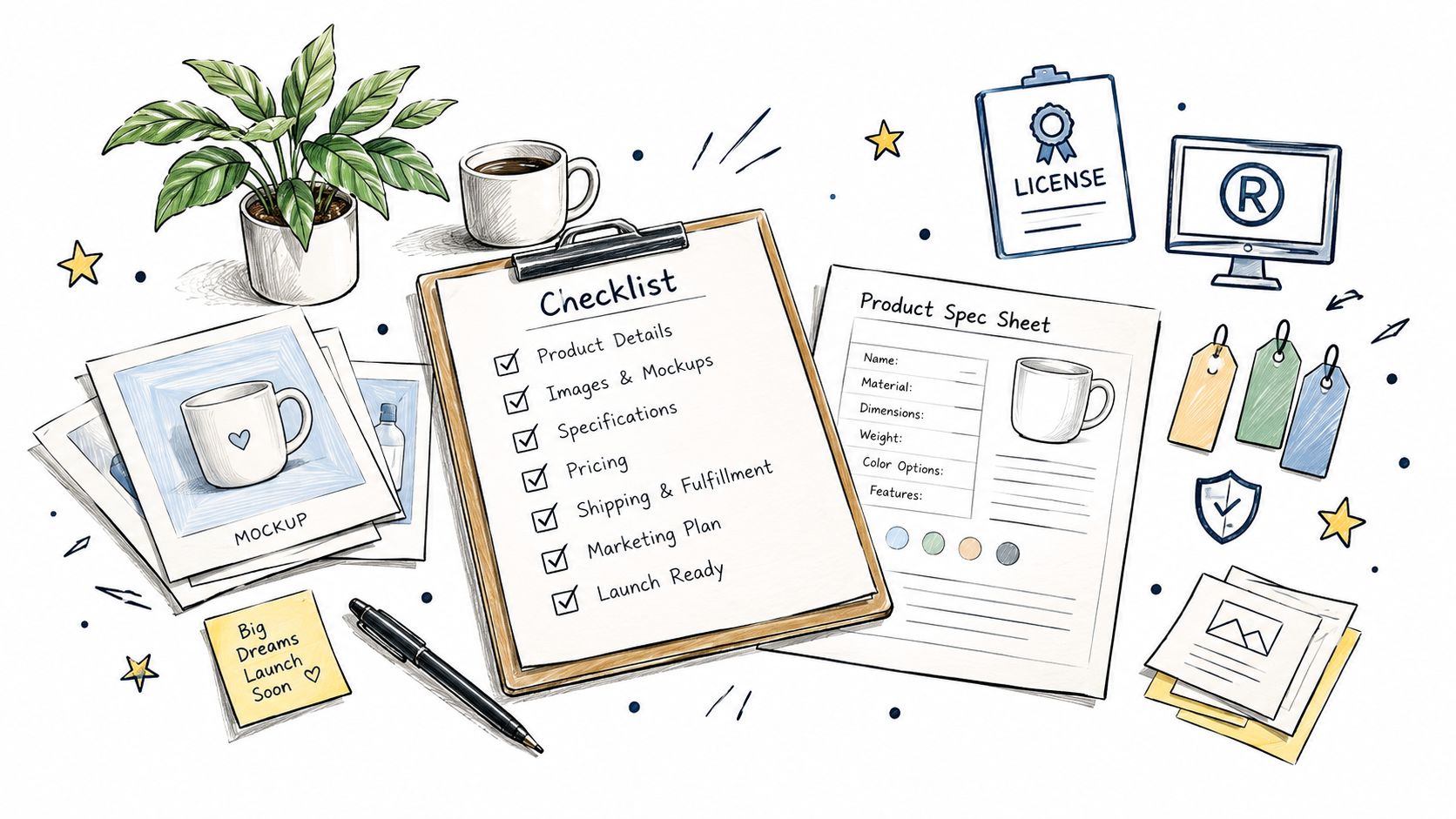 A checklist on a clipboard with product spec sheets, mockups, and stationery items on a desk.