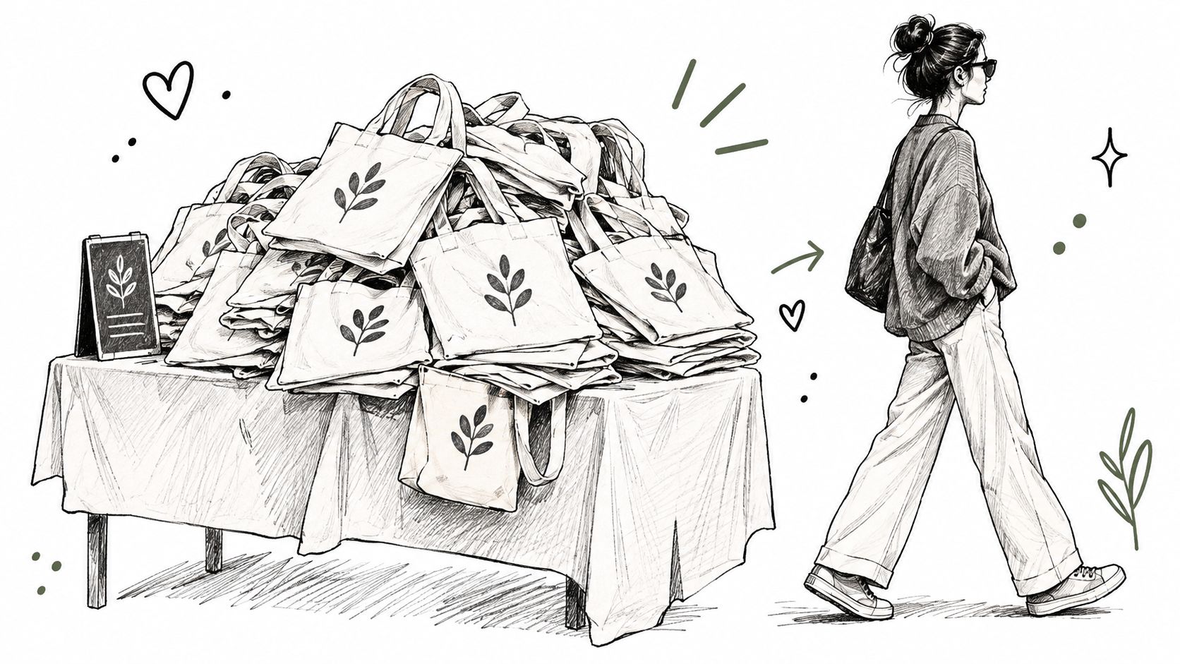 A pencil sketch of a table piled with canvas tote bags next to a woman walking.