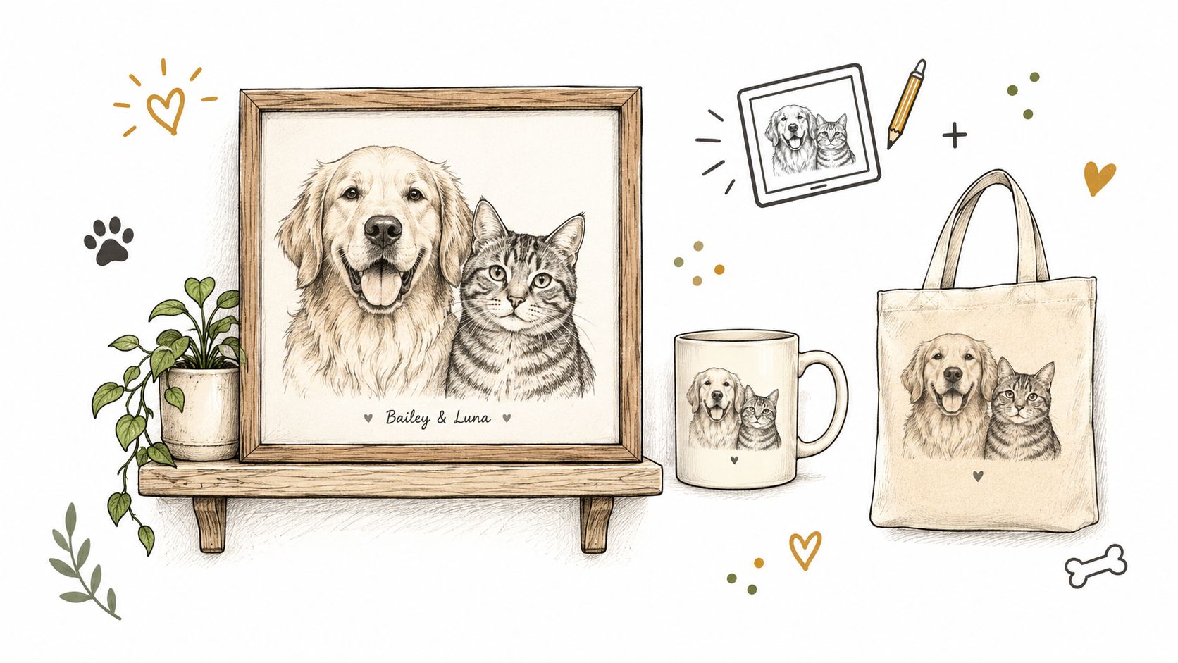 A pencil sketch of a dog and cat on a framed wall art, mug, and tote bag.