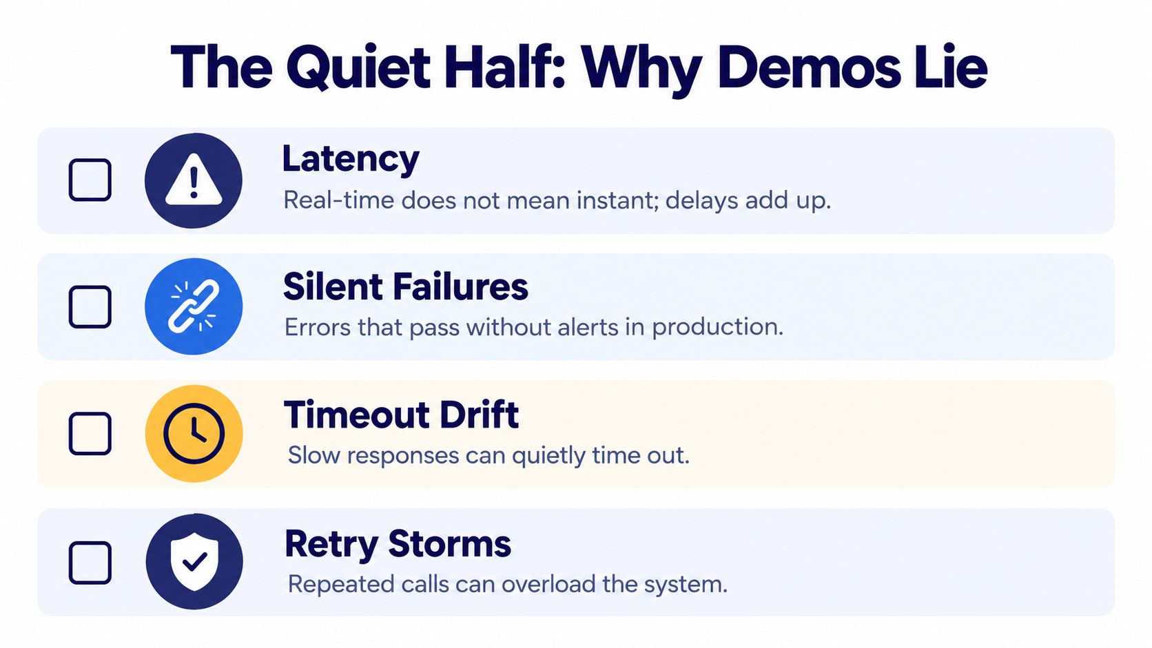 A list highlighting technical reasons why software demonstrations can be misleading, including latency, silent failures, timeout drift, and retry storms.