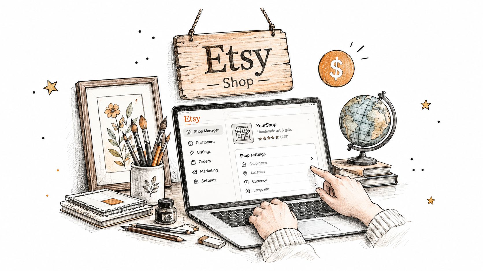 A hand-drawn illustration showing someone setting up an Etsy shop on a laptop amidst art supplies.