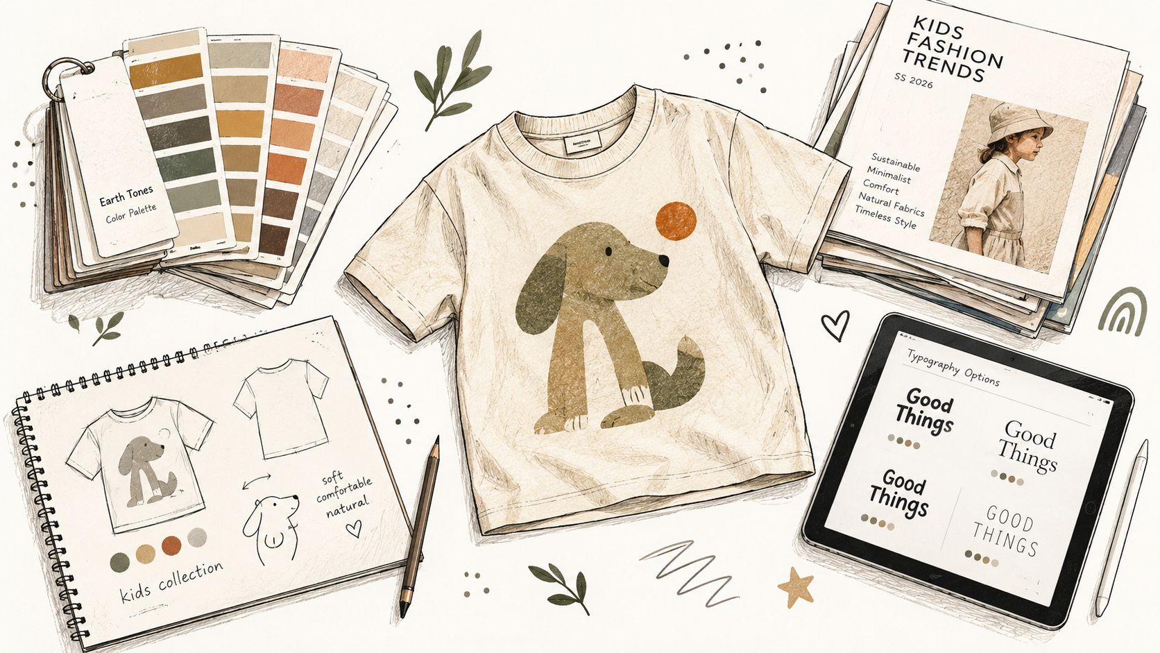 A flat lay of kids fashion design tools including a dog graphic t-shirt, color palette, and digital sketches.