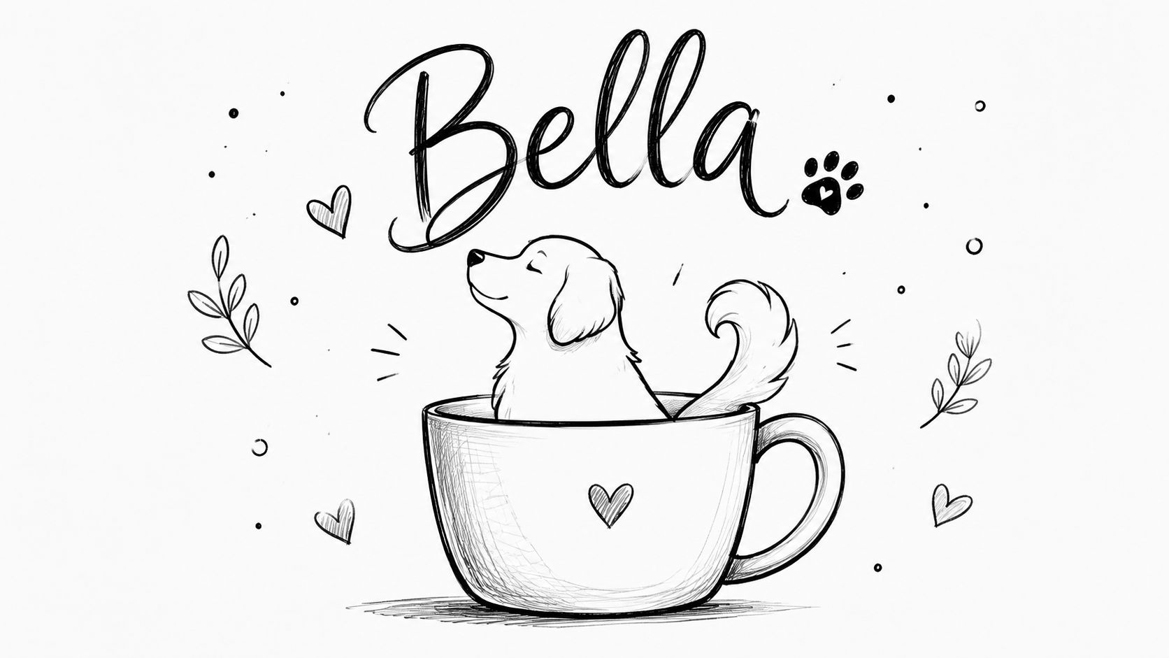 A whimsical black and white sketch of a cute puppy sitting inside a coffee cup, captioned Bella.