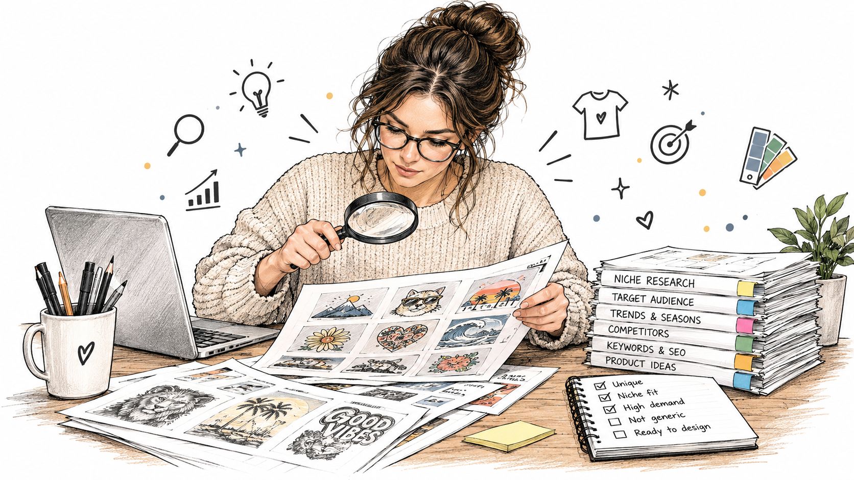 A designer examining product design sketches with a magnifying glass at a cluttered creative workspace.