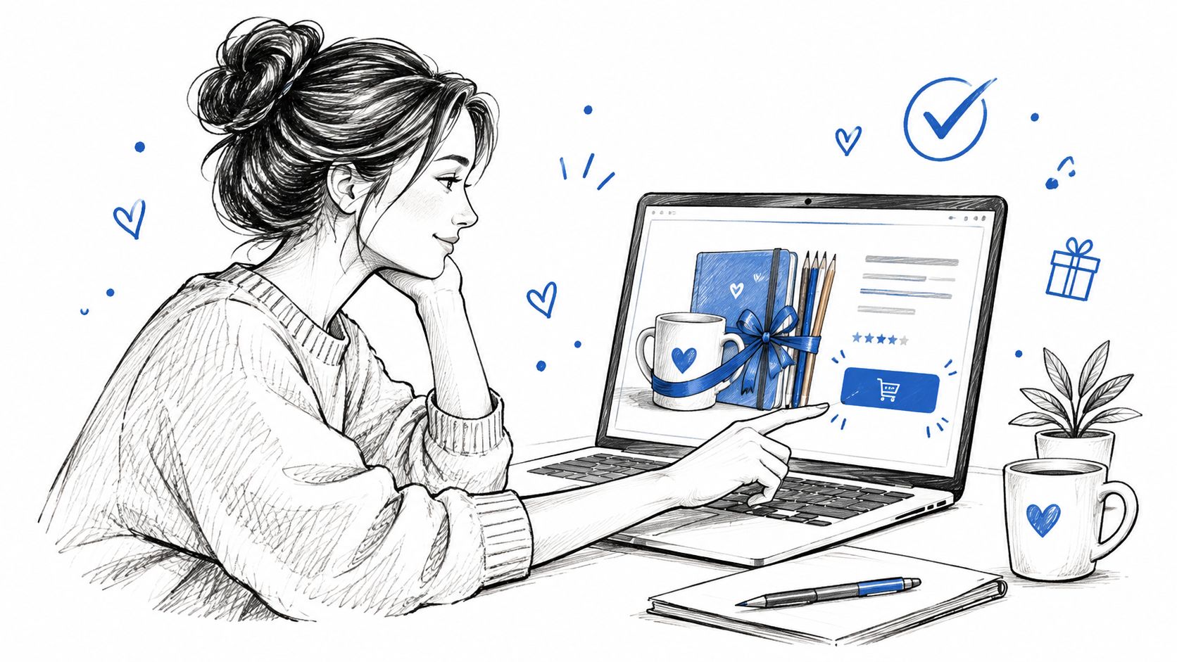 A woman sketching a hand-drawn illustration of herself browsing an online shop and choosing a gift bundle.