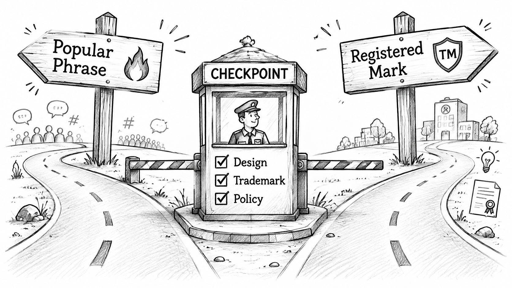 A conceptual drawing of a checkpoint directing paths between popular phrases and registered trademarks for intellectual property.
