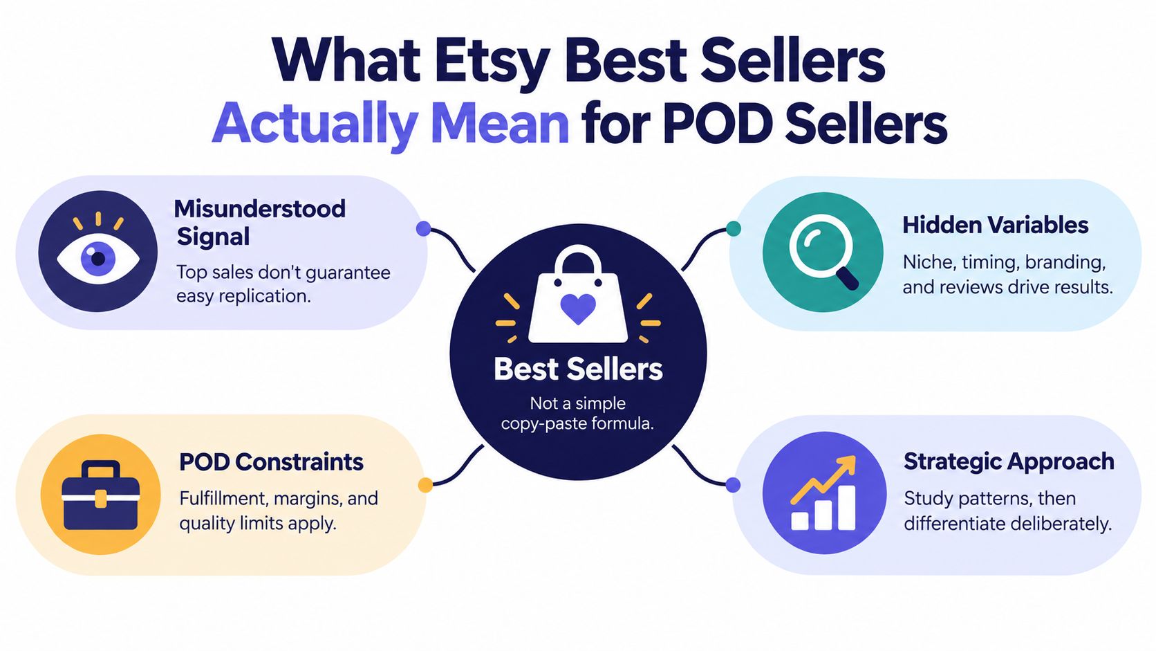An infographic titled What Etsy Best Sellers Actually Mean for POD Sellers, highlighting key strategic business insights.