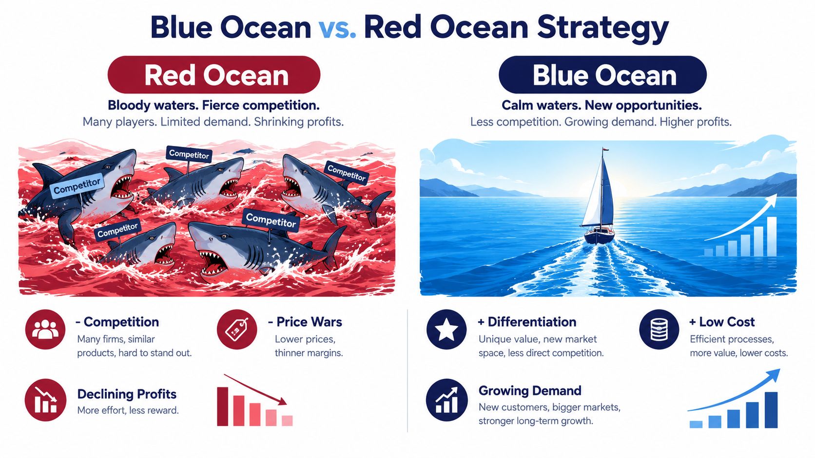 A comparison infographic between red ocean strategy characterized by fierce competition and blue ocean strategy featuring innovation.