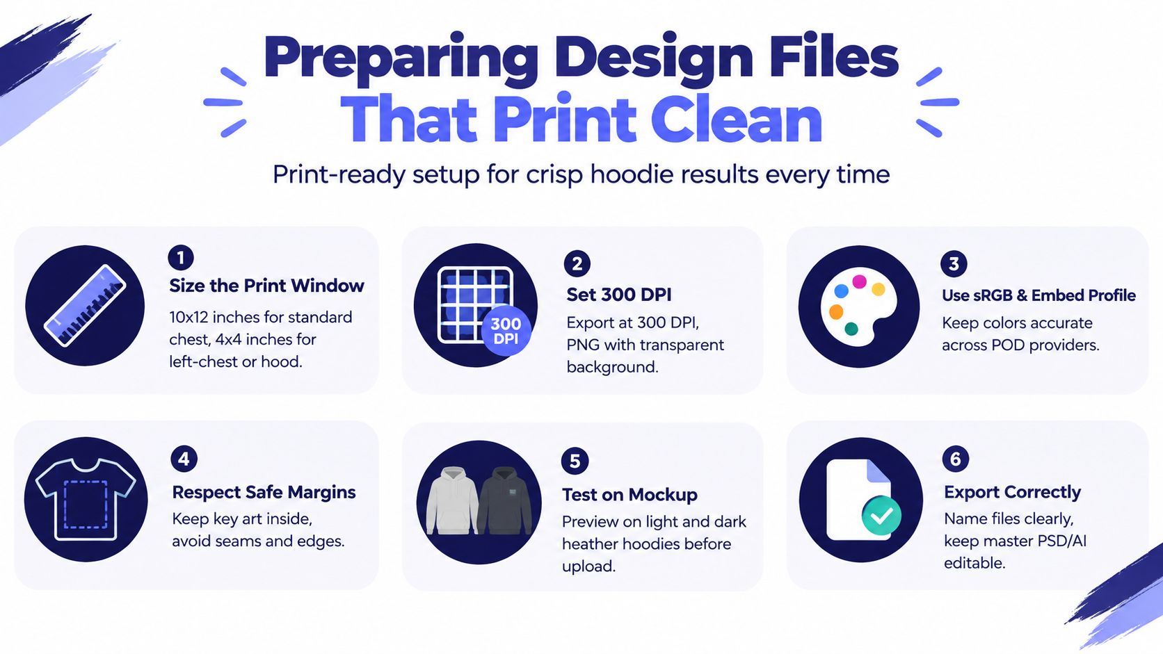 An infographic titled Preparing Design Files That Print Clean, outlining six steps for hoodie printing success.