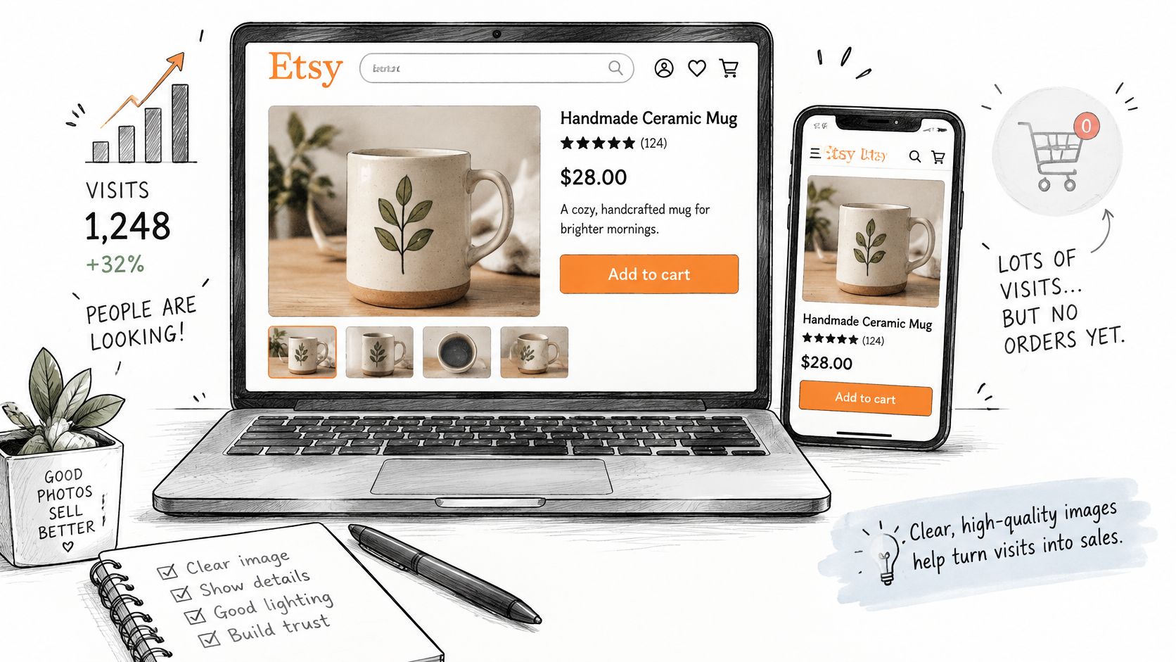 A hand-drawn illustration depicting ways to improve Etsy shop sales through high-quality photography and product listing optimization.