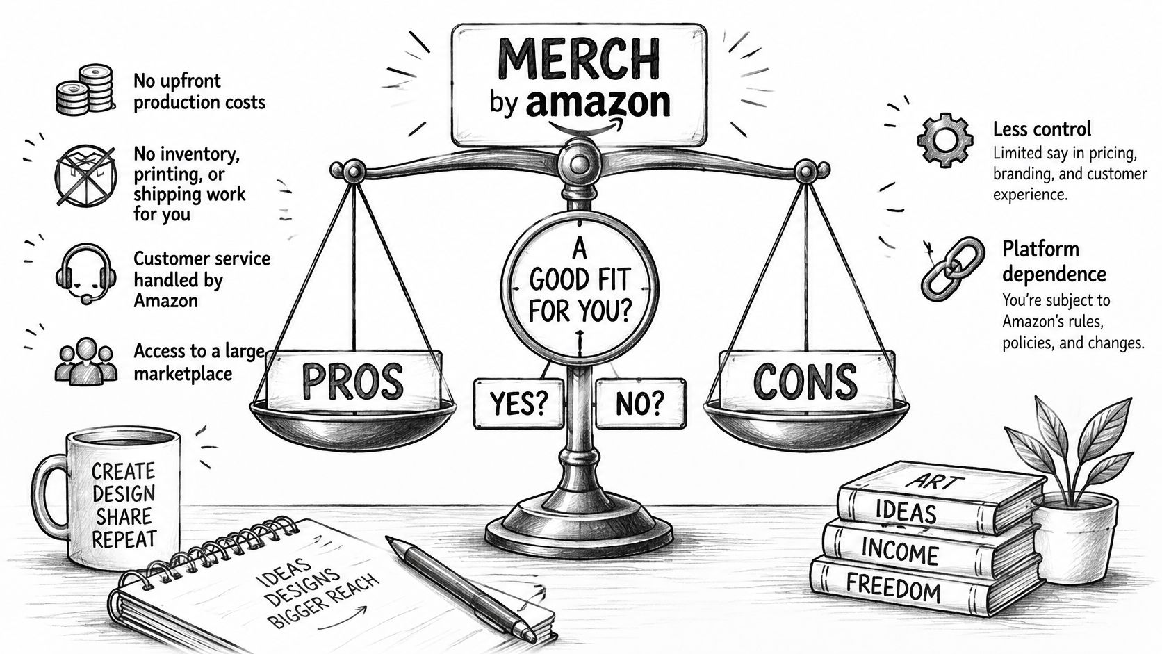 A hand-drawn illustration depicting the pros and cons of using the Merch by Amazon print-on-demand platform.