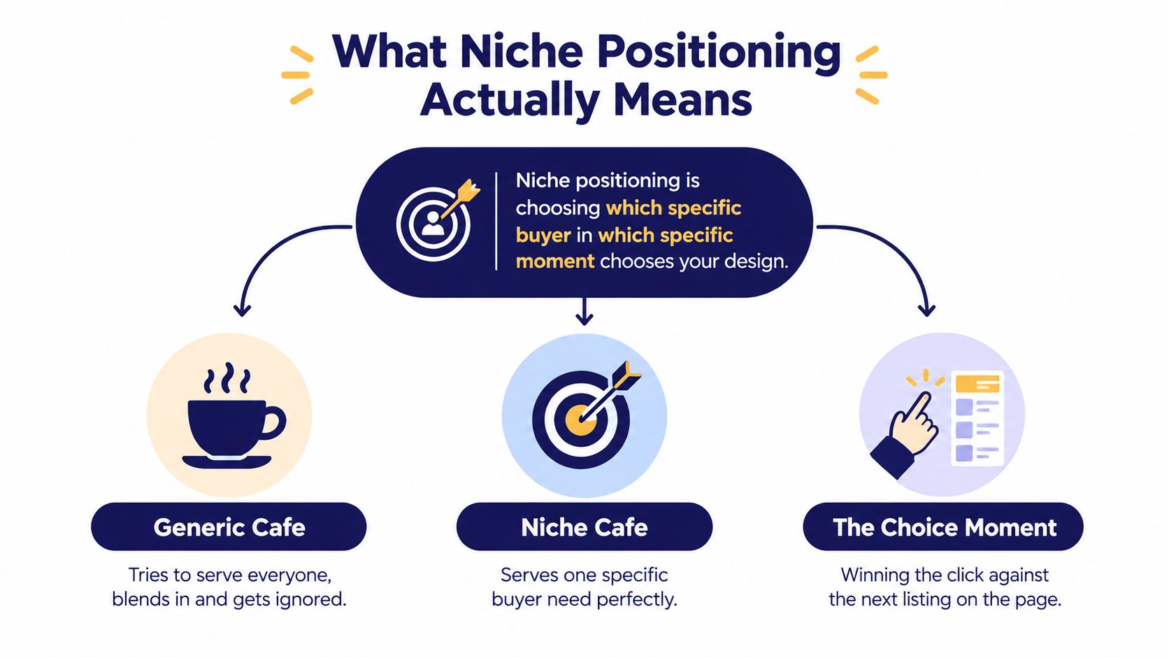 A diagram explaining niche positioning, illustrating the difference between a generic cafe and a niche cafe.