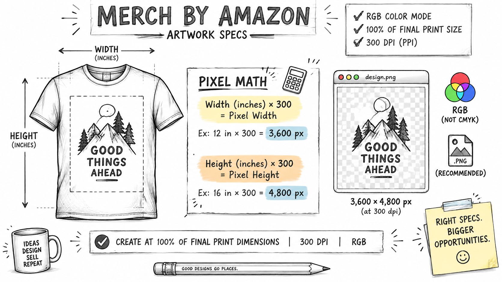 An infographic detailing Merch by Amazon artwork specifications including dimensions, pixel math, and file format requirements.