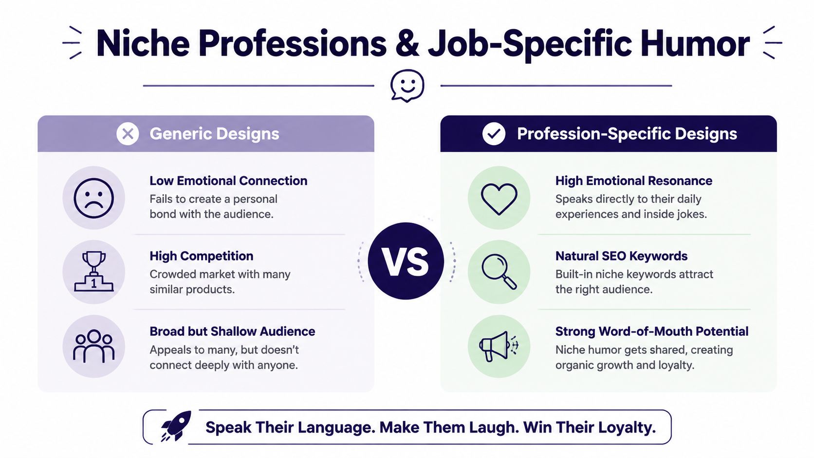 A comparison chart showing how niche profession-specific designs perform better than generic product designs for marketing.